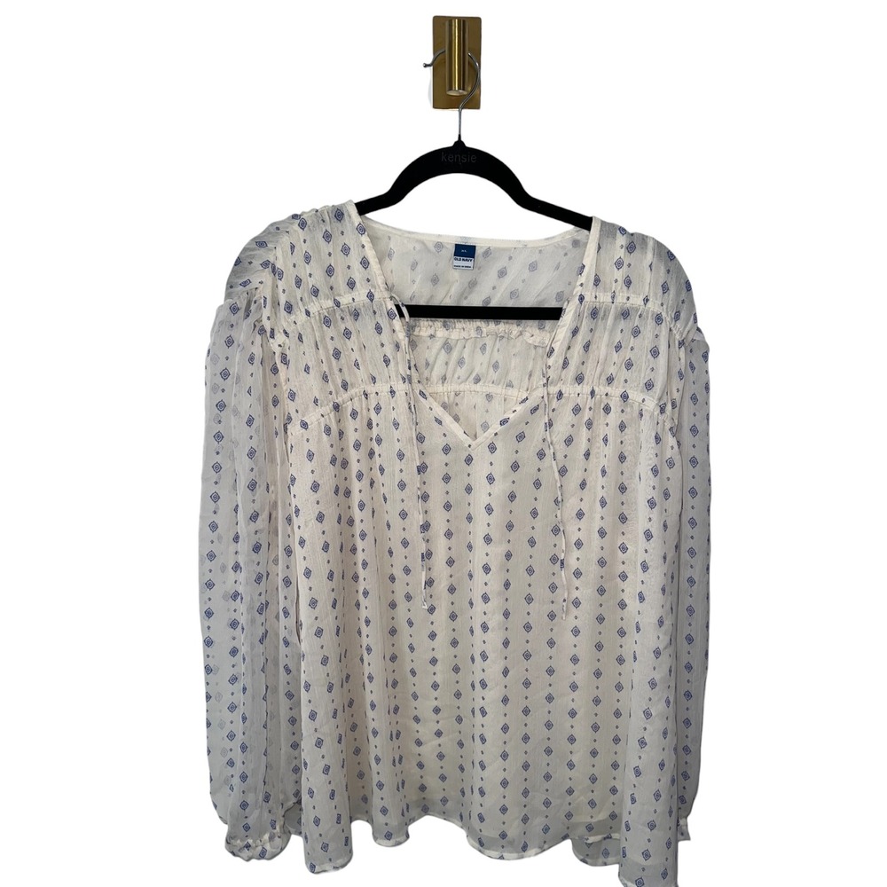 Old Navy Cottagecore Peasant Boho Geometric Diamond Print White Blue Top XL